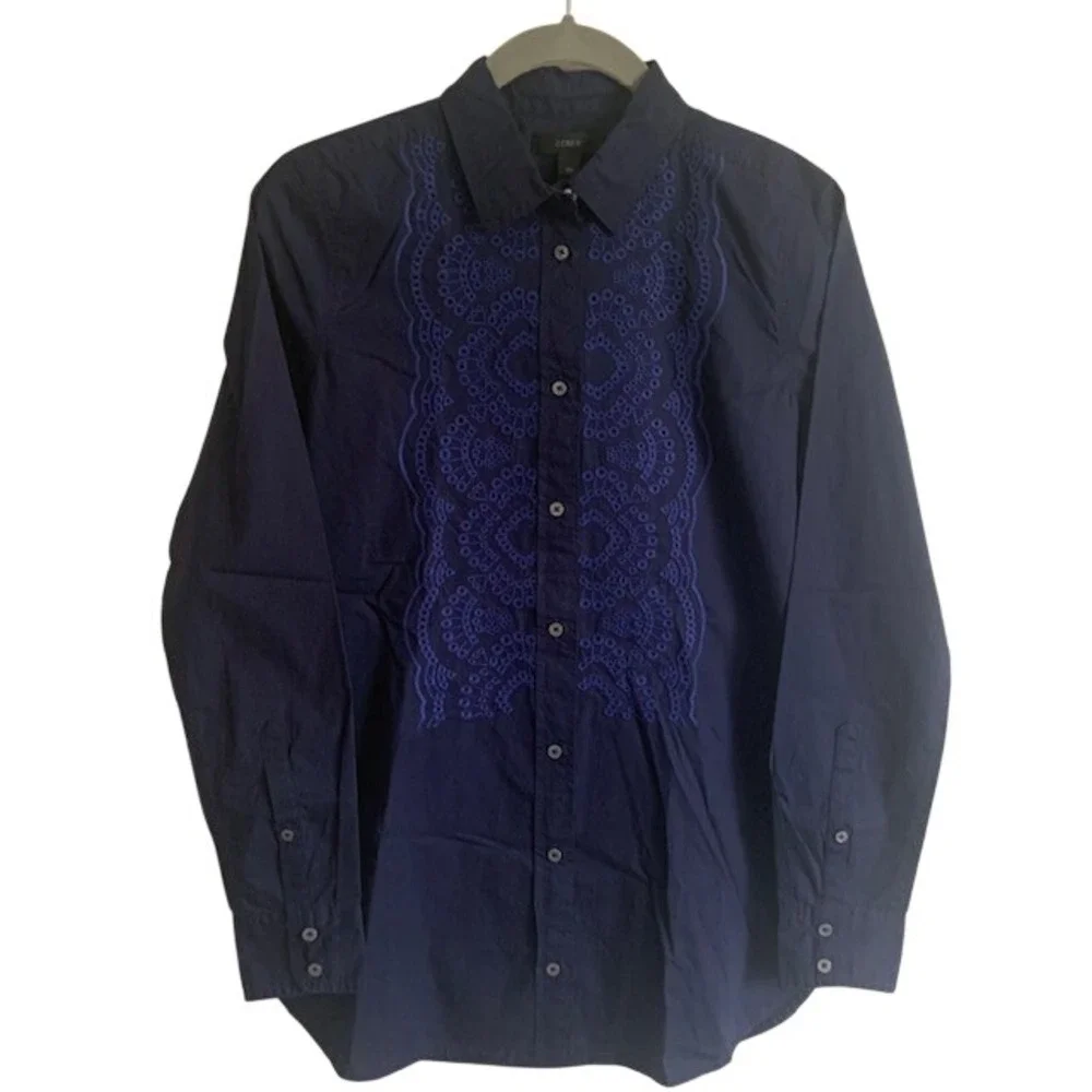 NWT J Crew Embroidered Poplin Button Up Shirt 00 Preppy Minimalist Quiet Luxury